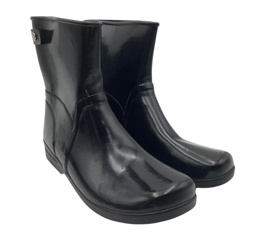 Sperry Black Patent Glossy Rubber Ankle Rain Boots Side Button Accent size 10M